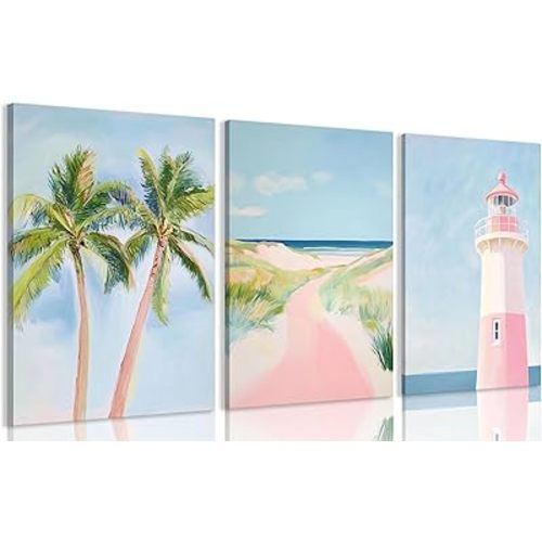 YVSRLX 12x16 Inch Pink Coastal Beach Wall Art, Preppy Coastal Granddaughter Room Decor, Set of 3 Framed Canvas Wall Art Ready to Hang with Palm Trees & Lighthouse for Teen Girls Bedroom, Bathroom