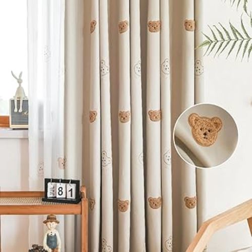 Cartoon Bears Kids Blackout Curtains for Babys Bedoom Living Room Grommet Top Beige Embroidery 3D Bear Darkening Curtain for Nursery Baby Room 1 Panel (W52 L84 inch,Beige)