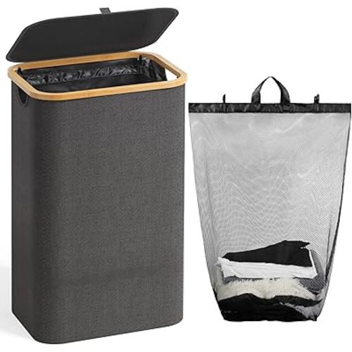 100L Laundry Hamper with Lid, Large Laundry Basket with Bamboo Handles, Clothes Hampers for Laundry with Removable Bag, Dirty Clothes Hampers for Bedroom Aesthetic, Grey
