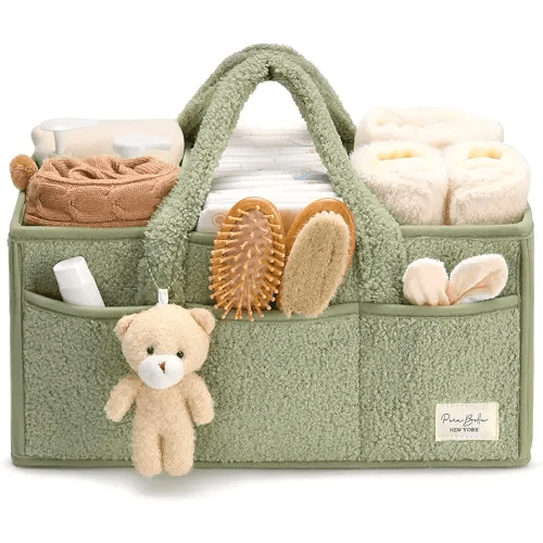 PeraBella Baby Diaper Caddy Organizer, Baby Organizers and Storage for Changing Table, Babies Shower Gift Basket for Boy &Girl, Nursery Essentials Car Caddy Organizer with Handle, Green Diaper Basket