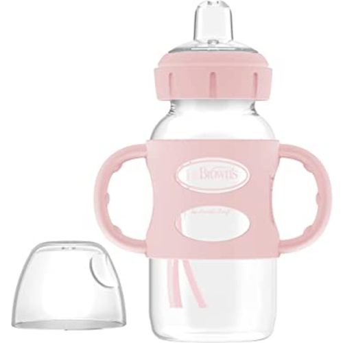 Dr. Brown's Milestones Wide-Neck Sippy Spout Bottle with 100% Silicone Handles, Easy-Grip Handles with Soft Sippy Spout, 9oz/270mL, Light-Pink, 1-Pack, 6m+