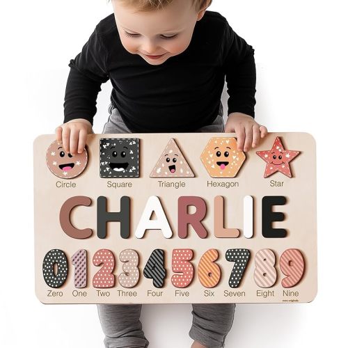 Zuzu Puzzle | Personalized Name Puzzle with Numbers & Shapes 12 Color Themes | Handmade Wooden STEM Montessori Toy for 1 2 3 Year Old | 1st Birthday Gift for Baby Girl Boy | CPC Certified