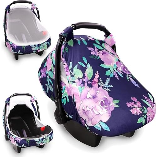 Breathable Baby Car Seat Cover, Extra Large Mesh Window for Summer, Lightweight Infant Windproof Canopy, Must-Have Baby Gifte, Purple Floral