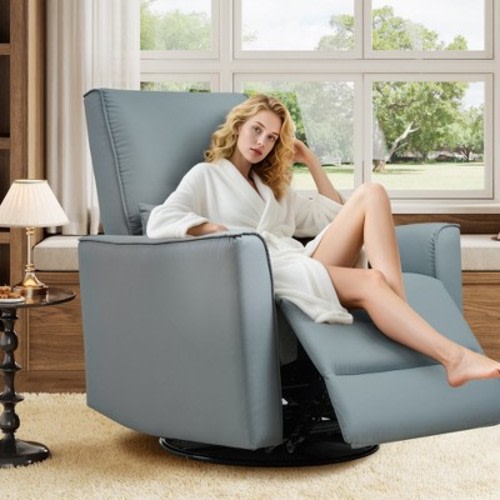 Garvee 360° Swivel Rocking Recliner Chair, Glider Rocking Chair, Upholstered Faux Leather Recliner, Manual Recliner Chair with Lumbar Support, Gray