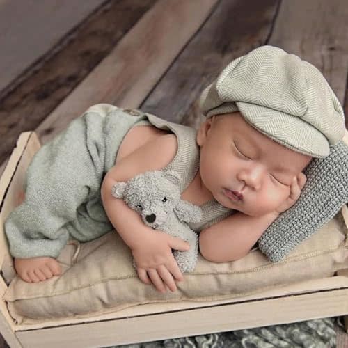 Newborn Photography Props, 2-PCs Baby Boy Photoshoot Outfit with Suspender Pants and Beret for 0-6 Months Old Babies