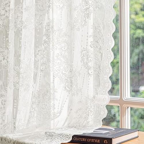 Lace Curtains Vintage Floral Sheer Rod Pocket 84 Inch 2 Panels Ivory