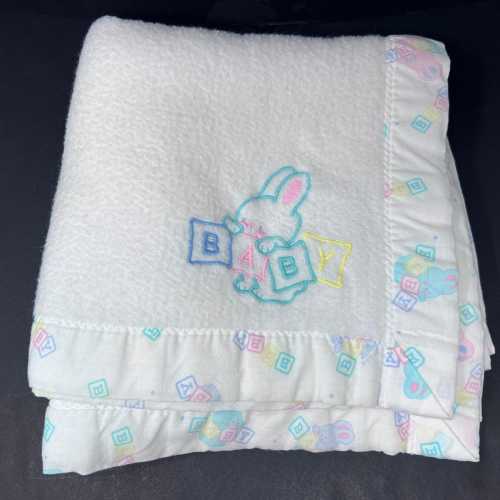 Vintage Baby Blanket Easter Bunny Blocks White Pastel Acrylic S-T Designs USA