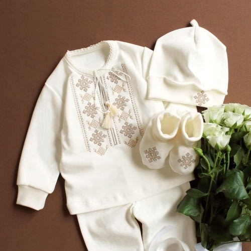 A suit with Ukrainian traditional embroidery in a gentle milky color for a boy's baptism. Made in Ukraine + surprise gift from Ukraine