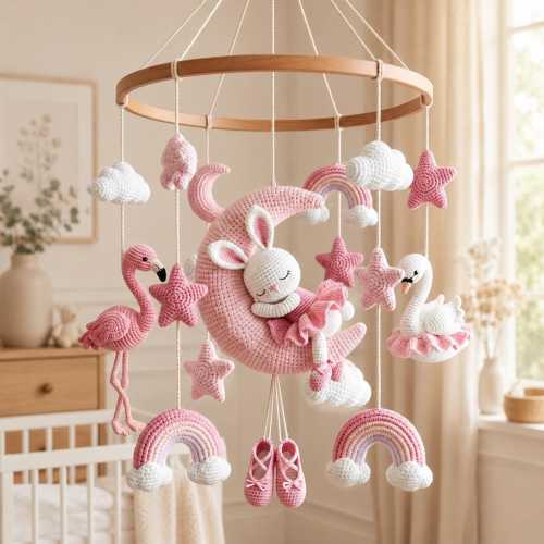 Crochet Bunny Pink Swan Flamingo Baby Mobile, Nursery Crib Mobile, Custom Baby Shower Gift DecorAnimal Decor Baby Shower Gift, Newborn Gift