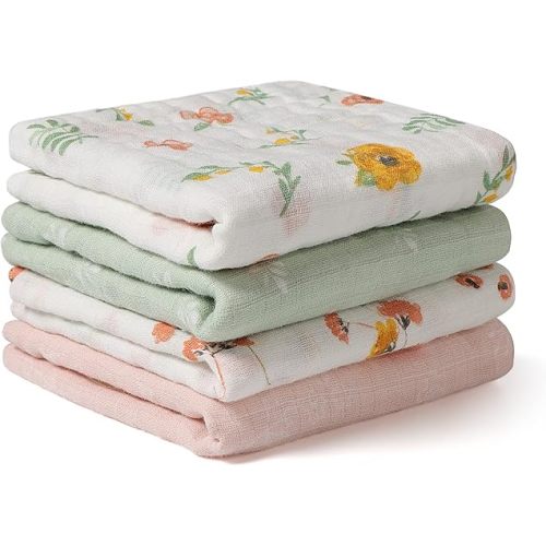 Baby Muslin Burp Cloths, 100% Cotton Burping Cloths Super Absorbent Soft, Bath Towel Burp Cloths for Baby Girl Boy, Great Gift for Newborn, 10 x 20 inch, 4 Pack, Leaves & Flowers