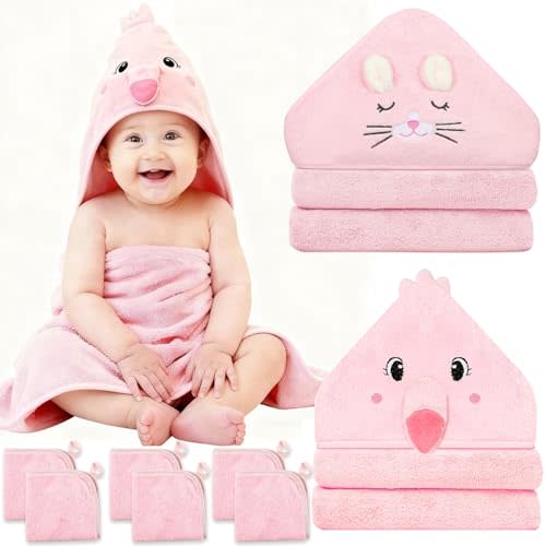 Sublaga 8 Pcs Baby Towel Set, Soft Baby Bath Towels and Washcloths Set, 2 Pcs 32x32 in Cute Baby Towel with Hood and 6 Pcs Baby Washcloths for Infants, Toddlers and Kids (Pink Kitten & Flamingo)