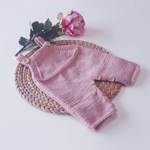 Baby girl knitted overalls, 0-6 months, old pink, French made