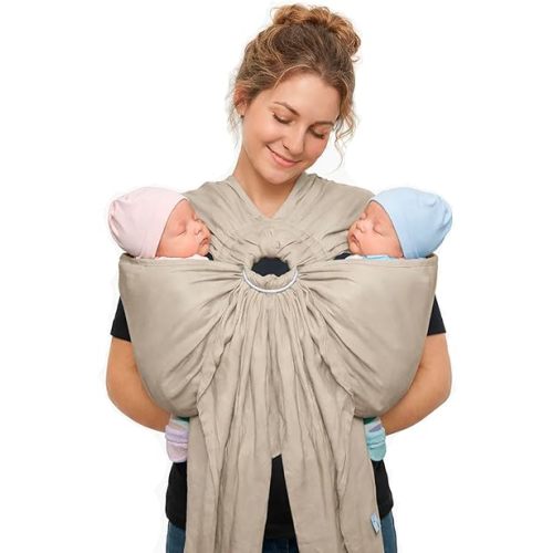 Beige Tandem Ring Sling for Twins – 100% Linen Cotton Blend Baby Carrier | Ergonomic Twin Baby Sling for Hip Carry | Soft, Adjustable & Breathable Ring Sling for Newborns to Toddlers up to 60 lbs