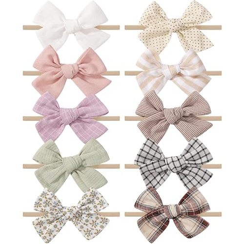 doboi 10PCS Baby Girls Headbands Hair Bows Nylon Cotton Linen Hairbands Fine Handmade Hair Accessories for Newborn Infant Toddlers Little Girls-Solid Plaid Stripe and Flowers
