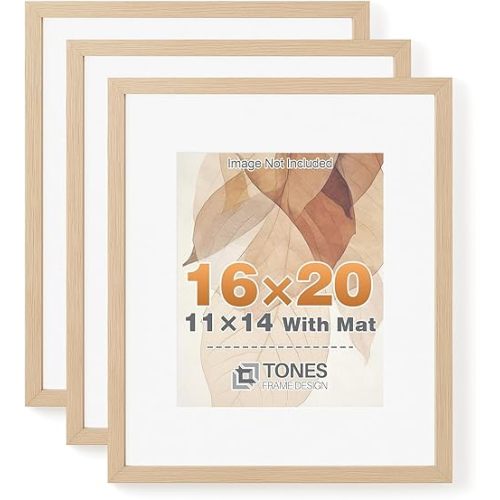 Natural Oak Wood Picture Frame 16x20 with 11x14 Mat and Plexiglass for Wall Mount Home Decor,Set of 3