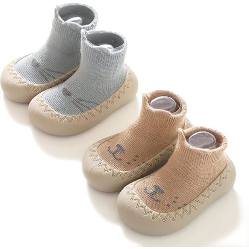 Toddler 2 Pairs Anti-Skid Socks Shoes Baby Boys Girls Rubber Sole Indoor First Walking Slippers