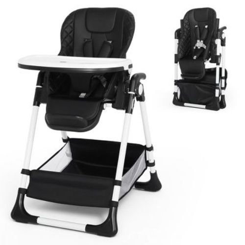 TODECARE Foldable Baby High Chair for Toddlers, Adjustable Height, Recline, Storage Basket, Double Trays, Gift for Babies, Black