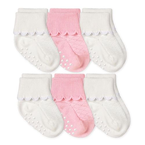 JEFFRIES SOCKS NON-SKID SCALLOPED TURN CUFF 6 PAIR PACK WHITE/PINK