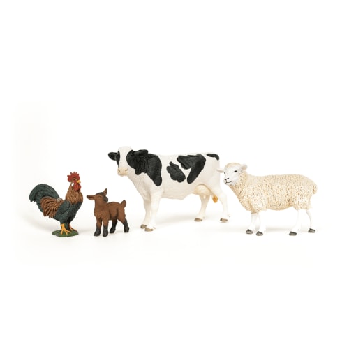 Schleich Farm World - Starter Set, Includes 4 x Collectible Toy Farm Animals, Cow, Sheep, Donkey Foal and Rooster Farm Animal Toys for Kids Ages 3+
