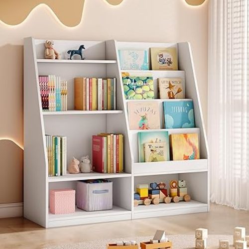 Tatub 4 Tier Kids Wood Bookshelf and Toy Storage for Nursery, White