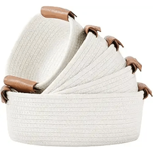 ECDYQXVU 5 Piece Storage Baskets Small Woven Basket with Detachable Leather Handle, Cotton Rope Shelf Baskets for Closet Organizers, Different Sizes Basket Decor, White
