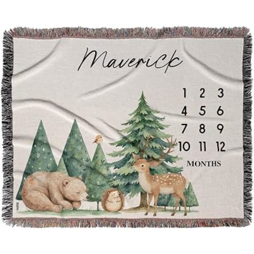 Personalized Woodland Milestone Baby Blanket, Custom Monthly Forest Woven Blanket, 52x37 Inches Small, Milestone, Nursery Decor
