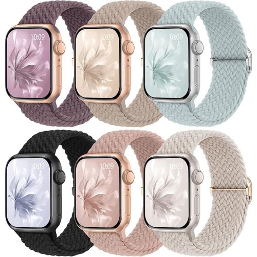 6 Pack Braided Stretchy Bands Compatible with Apple Watch Band 38mm 40mm 41mm 42mm 44mm 45mm 46mm 49mm Women Men, Adjustable Nylon Solo Loop Elastic Straps for iWatch Series 11 10 9 8 7 6 5 4 SE Ultra