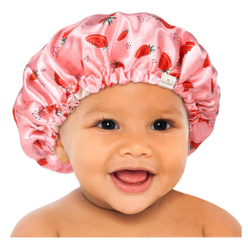 YANIBEST Baby Satin Bonnet Sleep Cap - Double Layer Reversible Adjustable Silky Satin Cap for Infant Toddler(6-36Months,Strawberry)