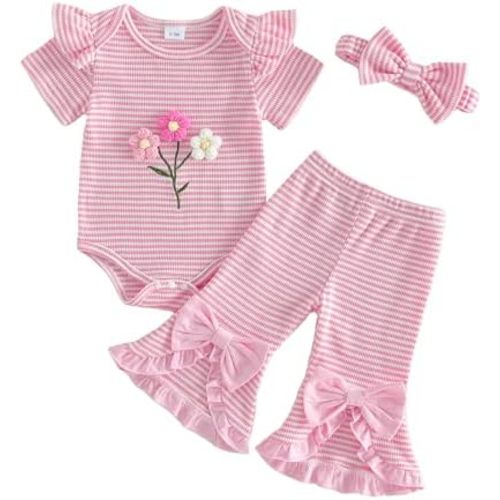 Newborn Girl Clothes Baby Girl Bell Bottom Outfit Flowers Romper Bow Flare Pants Striped Set Summer Clothes