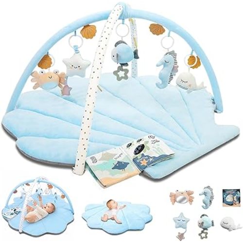 Baby Play Gym Mat, Oversize Tummy Time Activity Mat for Babies 0-6 Months, Shells Baby Play Mat with 6 Detachable Toys, Baby Essentials Mat for Floor Sensory Exploration Motor Skill Development (Blue)