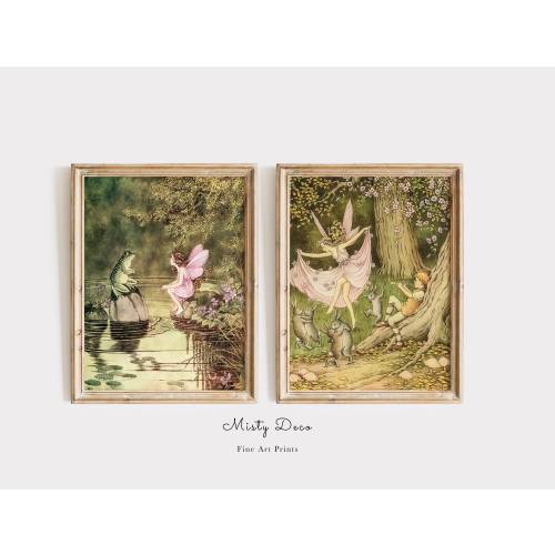 Whimsical Dancing Fairies and Rabbits and Fairy and Frog Illustrations by Ida Rentoul Outhwaite, Vintage Fairy Wall Art, perfect for Nursery
