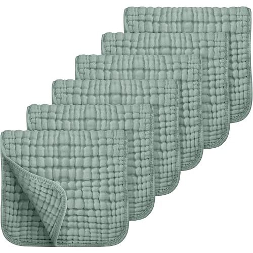 Looxii Muslin Burp Cloths 6 Pack - 20" x 10" - Ultra Soft & Absorbent, 6-Layer 100% Cotton for Spit Up & Drool- Gentle Baby Burping Cloth, Newborn Boys Girls Essentials, Dark Green