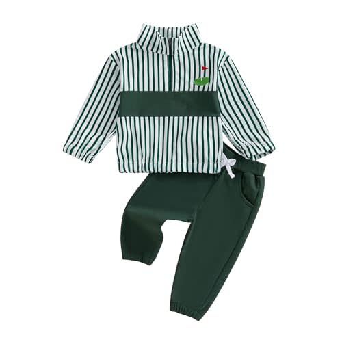 Baby Boy Golf Outfit, Striped Long Sleeve Quarter Zip Pullover & Cotton Pants Set for Toddler Clothes