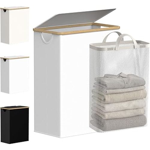efluky Slim Laundry Basket with Lid, Narrow Laundry Hamper with Removable Bag, Skinny Dirty Clothes Basket with Bamboo Handles for Bathroom, Bedroom & Laundry Room, 65L White