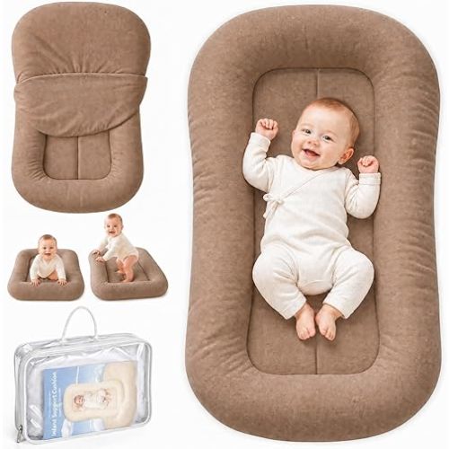Infant Support Cushion - Breathable Cotton Baby Support Cushion for Babies 0-24 Months, Portable Tummy Time Mat for Home & Travel, Machine Washable, Perfect Baby Registry Gift, Brown