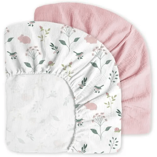 Little Grape Land Muslin Crib Sheets Fitted for Boys and Girls 2 Pack, 100% Cotton Baby Bed Sheets Soft Breathable, Neutral Fitted Baby Mattress Sheets for Standard Crib 52x28 inches, Pink Bunny