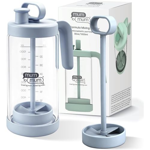 MUM TO MUM 32oz Microplastic-Free Glass Formula Mixing Pitcher, Leak-Proof Breastmilk Storage Container, Dishwasher Safe Thermal Shock Resistant with Silicone Seal (Light blue)