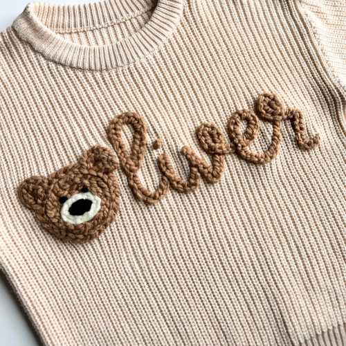 Hand  Embroidered Name Bear Sweater |  Baby Toddler Personalized Sweater Bear | Custom Baby Name Sweater Teddy Bear