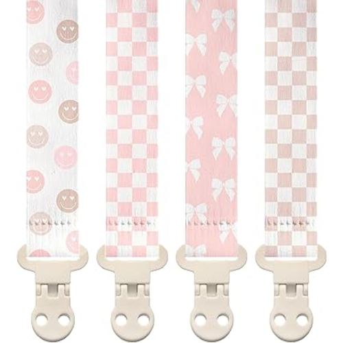 Stadela Baby Fabric Pacifier Clip Holder, Plastic Clip, 4‑Pack, Checker Pattern, Emily Set