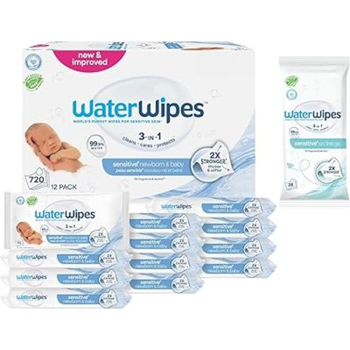 WaterWipes Original Baby Wipes Bundle, 99.9% Water, 3-In-1 Cleans, Cares, Protects, Unscented & Hypoallergenic, 720 Count (12 Packs) + WaterWipes Sensitive+ On The Go, Wet Wipes, 28 Count (Pack of 1)