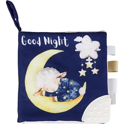 Ali+Oli Baby Cloth Book – Soft Sensory Crinkle Book with Teether for Infants 0-12 Months – Early Learning Touch & Feel Tummy Time Toy – Newborn Shower Gift for Boys & Girls - Good Night