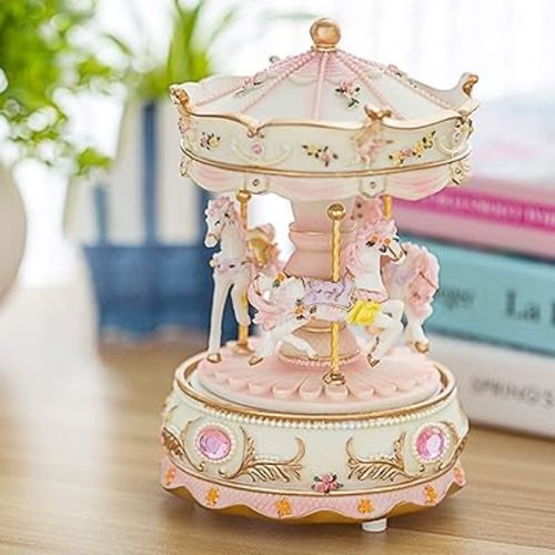 Clockwork Carousel Music Box - 3 Rotating Horses, Color-Changing LED, Timeless Melody | Luxury Home Decor for Enthusiasts, Ideal for Christmas, Birthdays, Valentine's (Pink)