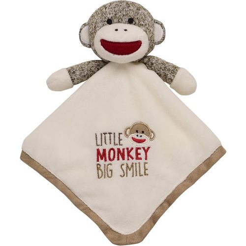 Baby Starters Plush 14 inch Snuggle Buddy with Embroidery and Satin, Sock Monkey Blanket and Toy, Tan