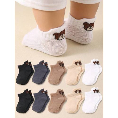 10 Pairs Baby Socks With Heel, Elevated Design, Cute Bear Pattern, Suitable For 0-3 Years Old Babies, Unisex, Non-Slip, Breathable, Comfortable For Daily Wear, 0-36 Months, All Seasons, Indoor & Outdoor, Baby Socks, Newborn Socks, Toddler Socks, Anti-Slip
