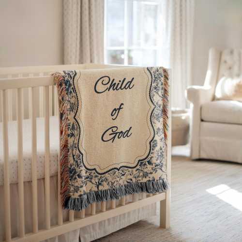 Christian Baby Blanket, Child of God Woven Blanket Gift from Godmother, Faith-Based Newborn Blanklet,  Baby Shower Gift, Toile Nursery Decor