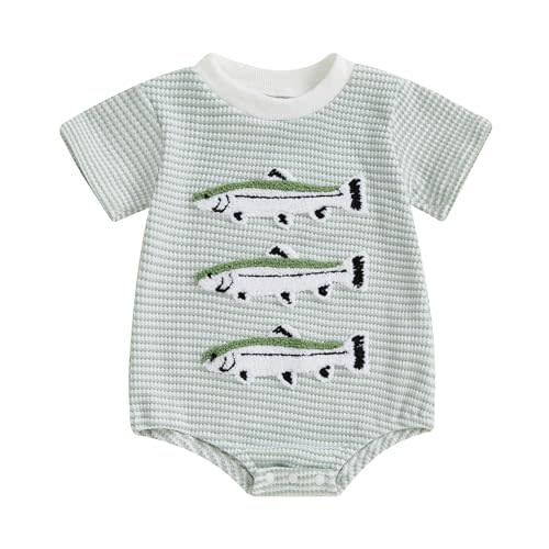 Santikisler Newborn Baby Boy Summer Outfit Fish Embroidery Striped Romper Waffle Knit Short Sleeve Jumpsuit