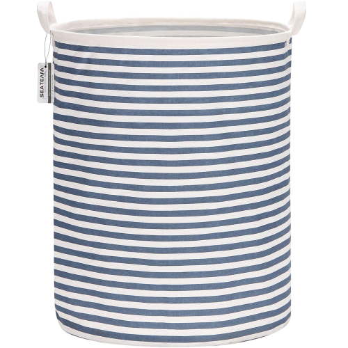 Sea Team Collapsible Canvas Fabric Laundry Hamper with Handles, Cylindric Waterproof Storage Basket, Closet Organizer, 19.7 x 15.7 Inches, Navy Stripe