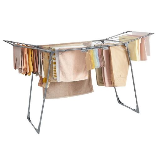 SONGMICS Clothes Drying Rack Foldable, Gullwing Laundry Drying Rack, Space-Saving, 22.2 x 68.1 x 38 Inches, Sock Clips, Metal Structure Gray