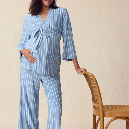 LAKE | Women | DreamModal™ Pajamas | Parisian Green Pencil Stripe Maternity Kimono Bundle