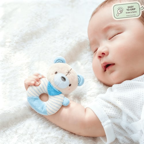 Baby Rattle Plush Infant Rattle Toy for Newborns 0-12 Months Easy-Grip Soft Cloth Shaker Sensory Toy Fine Motor Skill Comforting Sleep Aid, BPA Free ,Rattle Baby Shower Gift Blue